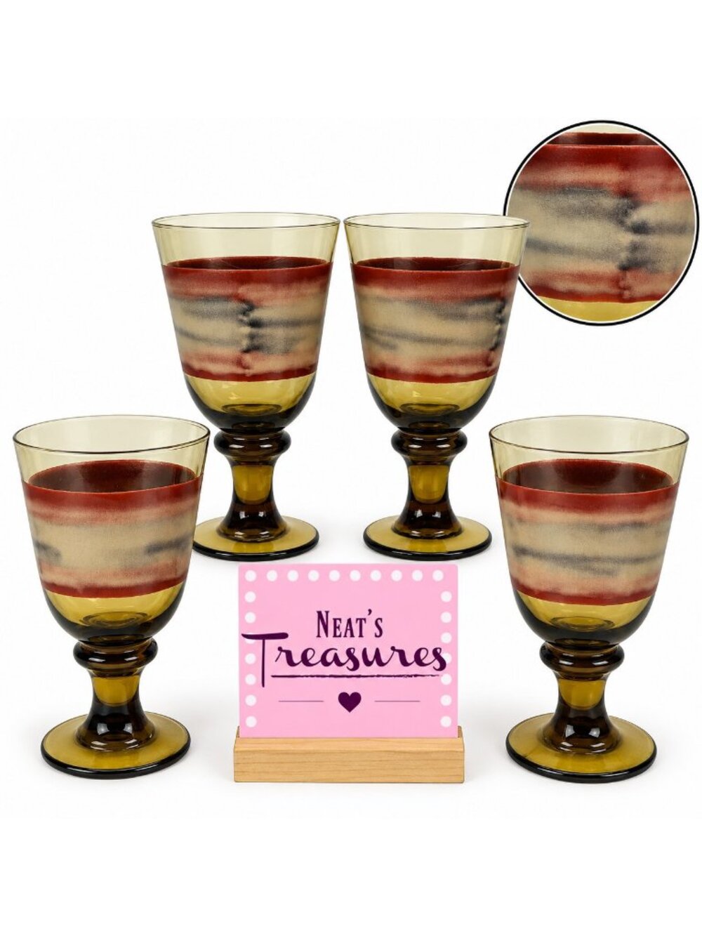 Libbey NOVA BROWN Rust Gray Rings Brown Glass 7" Water Goblet Glasses Set of 4